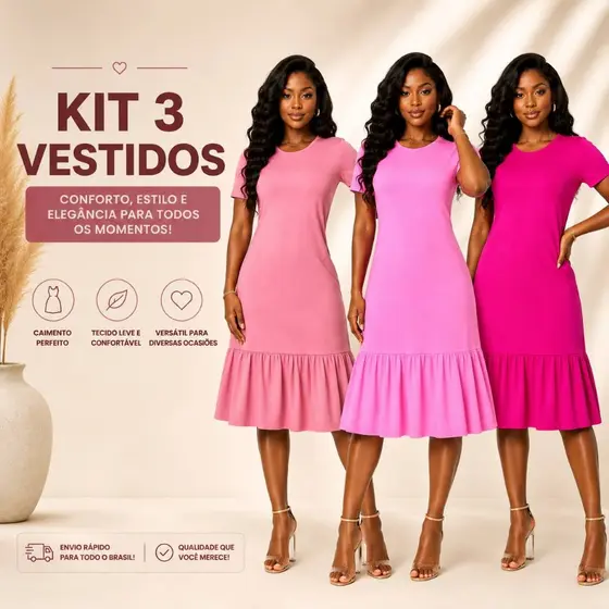 Kit 3 Vestido Soltinho Elegante Moda Cristã Manga Curta