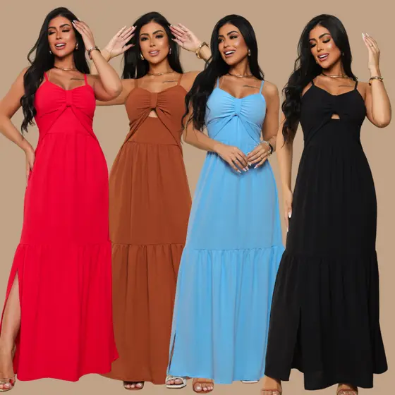 VESTIDO LONGO Feminino Confortável Estiloso Sofisticado Com Fenda e Bojo