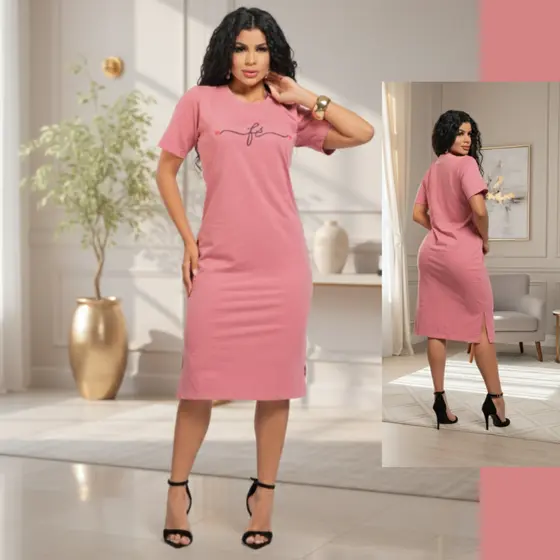 Vestido Midi Feminino 100% Algodão Premium Gola Redonda com Fenda Lateral Alta Qualidade