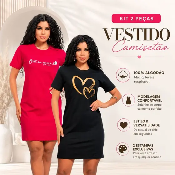 Kit 2 Vestidos Camisetão Casual Moda Jovem Estampado Verão