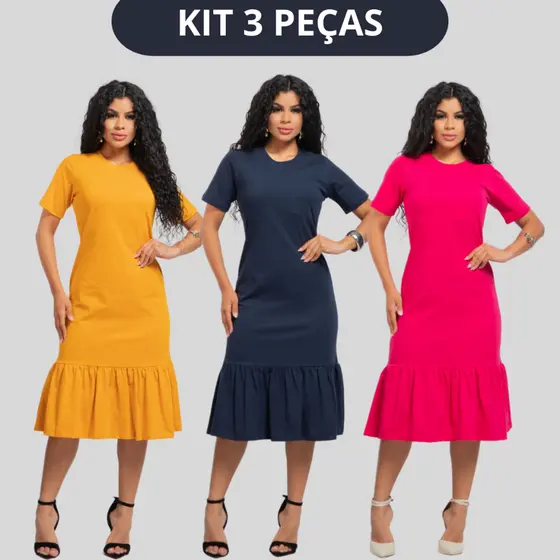 Kit 3 Vestido Feminino Midi Com Babado Versátil Moda Casual Estilo Evangélico