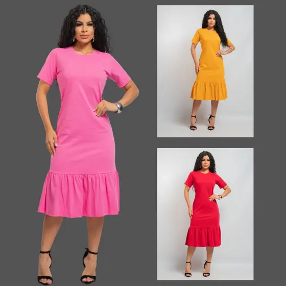 Vestido Midi Algodão Manguinha Babado Super Promoção