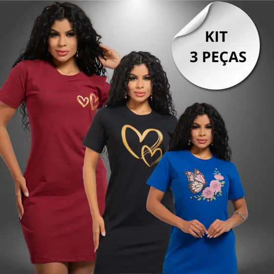Kit 3 Vestido Feminino Camisão Moda Casual 100% Algodão Premium