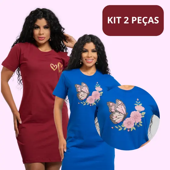 Kit 2 Vestido Camisão Feminino Estampada 100% algodão Premium