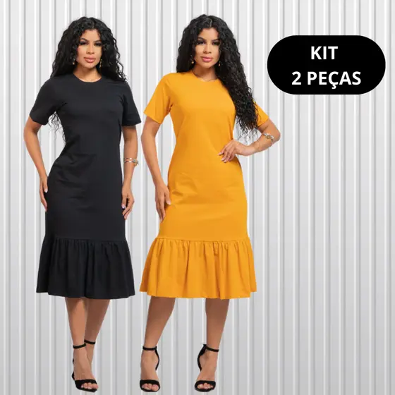 Kit 2 Vestido Midi Algodão Manguinha Com Babado Super Promoção