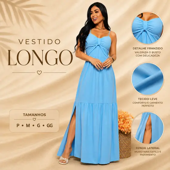 Vestido Longo Feminino Dunas Com Fenda Moda Modesta