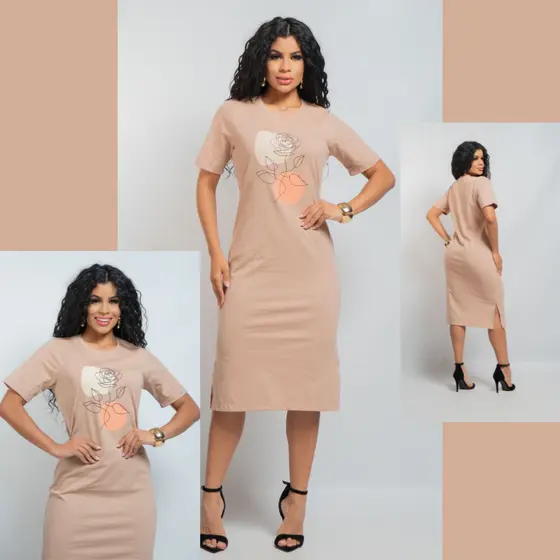 Vestido Feminino Fenda Lateral Manguinha Curta Midi Confortavél Moda Casual