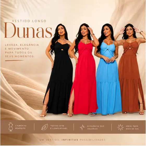 Vestido Longo Feminino Dunas Bojo e Lastex Super Confortável Estiloso