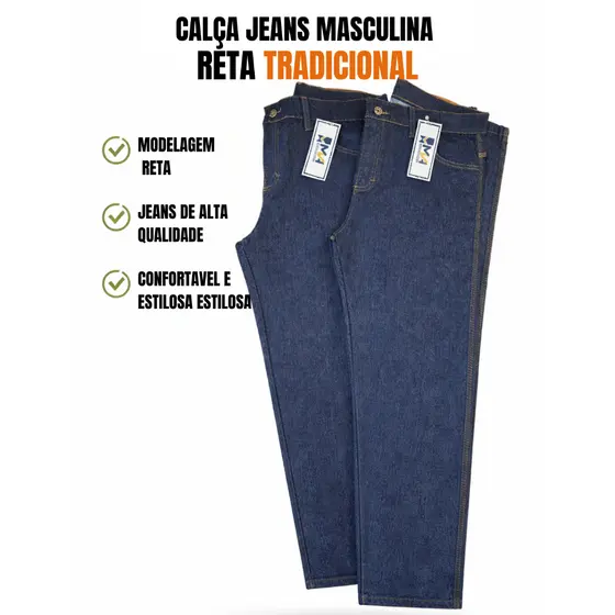Kit 2 Calças Jeans Masculinas Tradicional Corte Reto