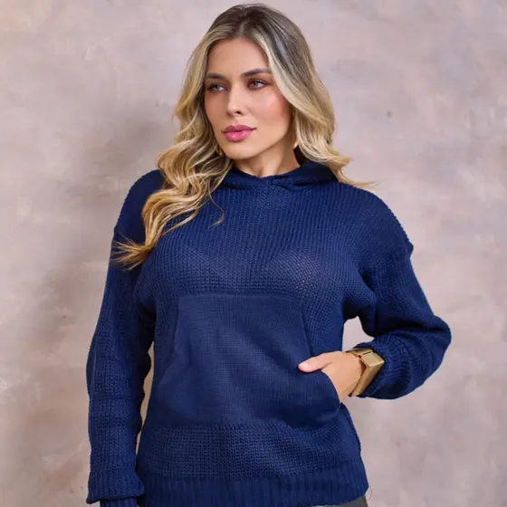 Blusa Feminina de Tricot com Capuz Bolso Manga Longa Lançamento Tendência Inverno Elegante Versátil