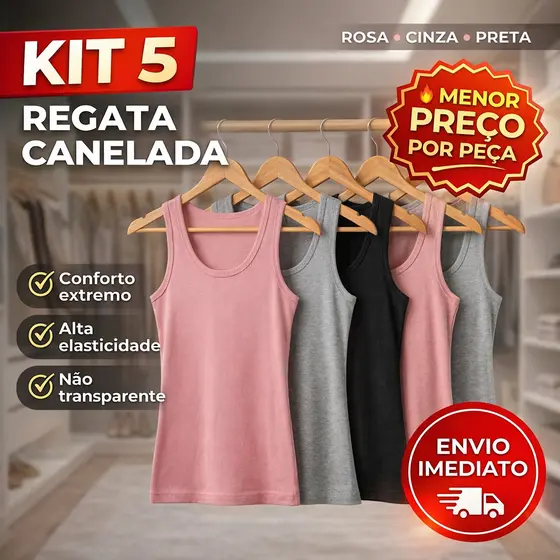 Kit 5 Regatas Femininas Caneladas Básicas Academia Fitness Treino Dia a Dia