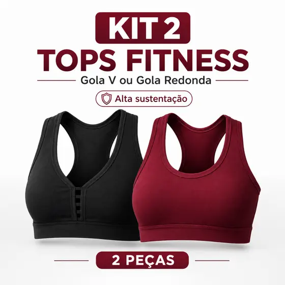 Kit 2 Tops Femininos Fitness Suplex Alta Sustentação Academia Treino Gola V ou Redonda