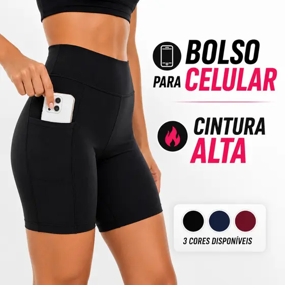 Shorts Feminino Com Bolso Suplex Fitness Short Cintura Alta Corrida Caminhada Academia