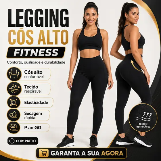 Calça Legging Cós Alto Fitness Roupa de Academia Feminina Treino Conforto Preta