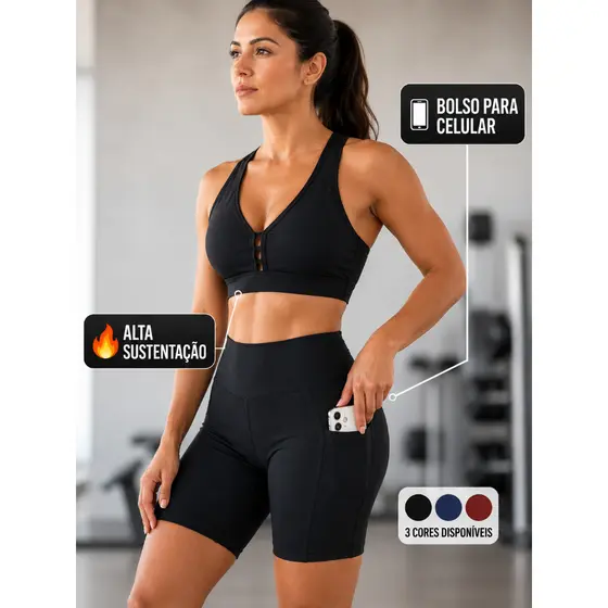 Conjunto Fitness Feminino Top + Bermuda Ciclista Com Bolso Cintura Alta Academia