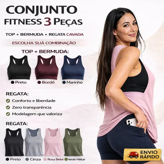 Conjunto Fitness Feminino 3 Peças Top Bermuda Ciclista com Bolso Regata Cavada Academia