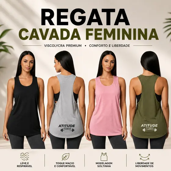 Regata Cavada Feminina Atitude Fitness - Treino Academia e Corrida Uso Diário
