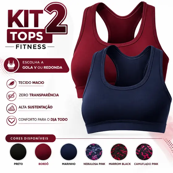 Kit 2 Top Fitness Feminino Academia Sustentação Confortável Zero Transparência Gola V ou Redonda