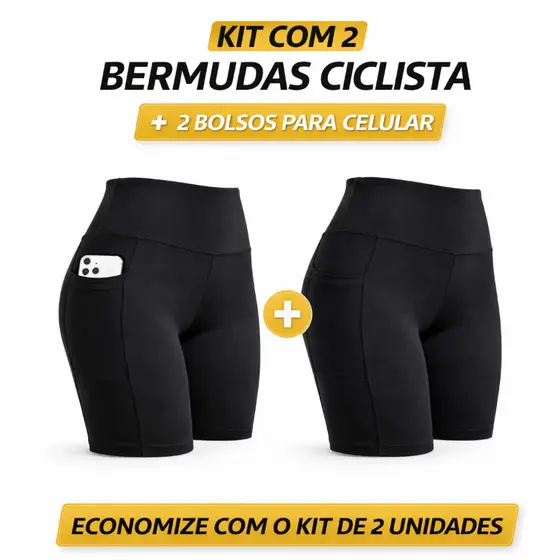kit 2 Bermudas Academia Com Bolso Feminina Ciclista Cós Alto