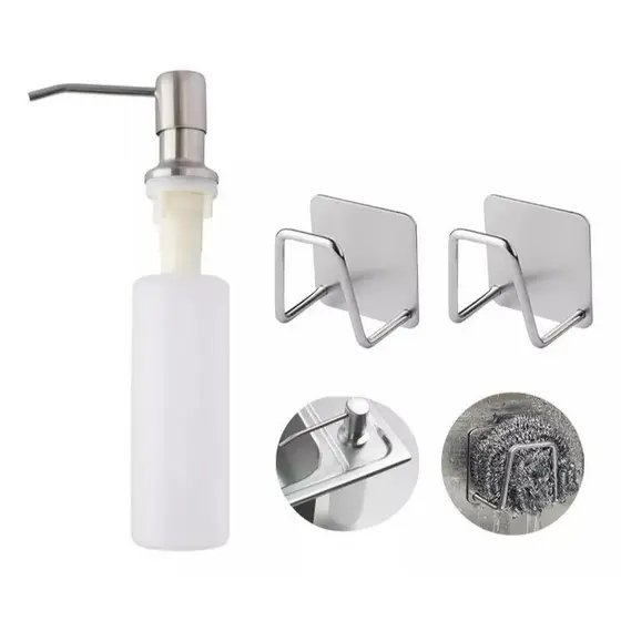 Kit Dispenser Inox Embutido Detergente Com Porta Esponja Sabonete Para Cozinha Higiene Louças