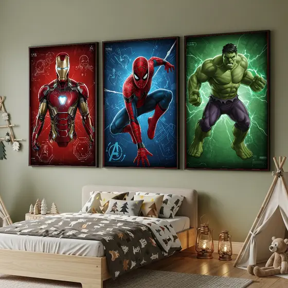 Quadro Decorativo Vingadores Heróis Homem Aranha Hulk Homem De Ferro Infantil Menino Quarto Kit 3