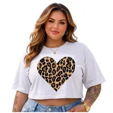 Cropped Plus Oversized Coração Blusa Plus Size  Algodão Premium T-Shirt Feminina Tendência Onça