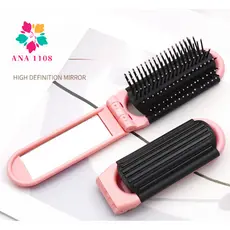 ANA 1108/ 1/6 Pçs Escova com Espelho de Cabelo Dobravel de Bolsa Macia Profissional-Rosa Glam
