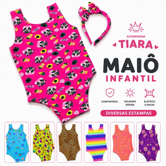 6 meses a 11 anos - Maiô Infantil Moda Praia - Body Estampado - Biquíni