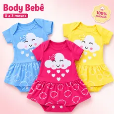 0 a 3 Meses - Body Saia para Meninas Bebês de 0 a 3 Meses - Cores variadas