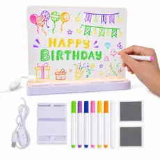 Luminária Lousa LED 3D 20x20 USB para Recados Desenhos Decoração com Kit 7 Canetas Coloridas e Panos