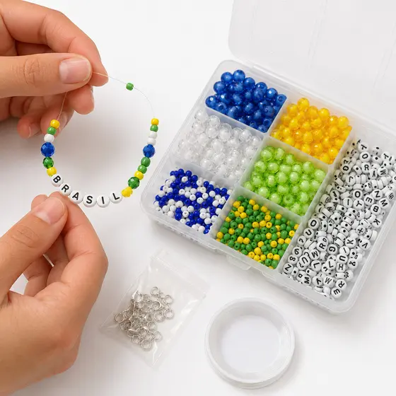 Kit Missangas Brasil Verde Amarelo Azul Branco Com Caixa Organizadora Fio Silicone Fabrica Pulseira
