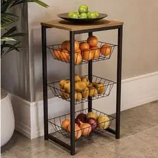 Fruteira De Chão Para Cozinha Preto Fosco Em Aço Carbono Tampo MDF Amadeirado