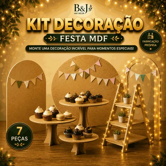Kit Festa MDF 7 Peças Decoração Festa Infantil Casamento Trio Boleira Painel Redondo Romano Arco Mesa Provençal Escada