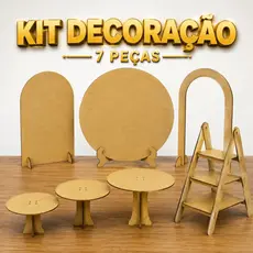 Kit Decoração Festa 7 Peças MDF Trio Boleiras Painel Redondo Romano Escada Provençal Mesa Aniversário Batizado Casamento
