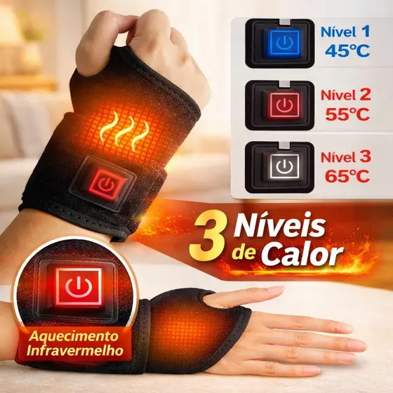 Munhequeira Térmica Ajustável 3 Níveis de Calor Suporte para Pulso Alívio de Tendinite