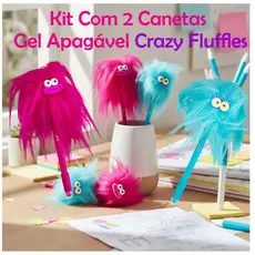 Kit 2 Canetas Gel Apagável Crazy Fluffles 0,7mm Divertidas, Criativas e com Pelúcia Rosa e Azul BRW