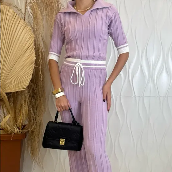 Conjunto Feminino Tricot Modal Blusa Gola Polo Cal莽a Wide Leg com Cord茫o Detalhes em Listras Aerolook