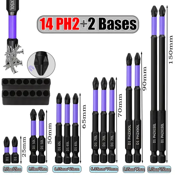 Jogo 14 Ponteiras Philips Magnéticos PH2 de Impacto Anti Derrapante Parafusadeira Bits Cruzado