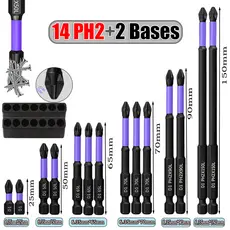 Jogo 14 Ponteiras Philips Magnéticos PH2 de Impacto Anti Derrapante Parafusadeira Bits Cruzado