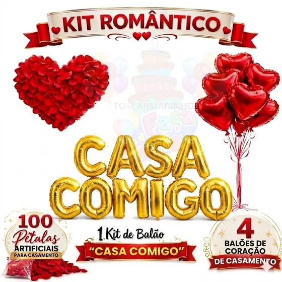 Kit Romântico “Casa Comigo” Prata e Dourado com Balões e Pétalas Decorativas
