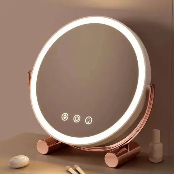 Espelho de Maquiagem com LED – Mesa Redonda, Madeira Bambu, Luz Branca, Recarga USB