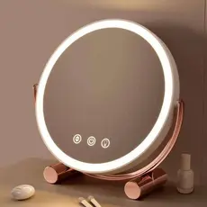Espelho de Maquiagem com LED – Mesa Redonda, Madeira Bambu, Luz Branca, Recarga USB