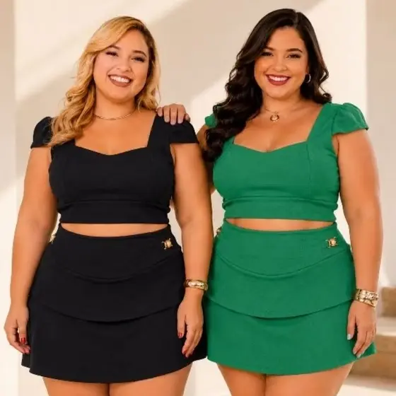 Conjunto Feminino Plus Size Verão Cropped com Manga Princesa e Short Saia Tam Único 46 ao 50