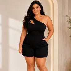 Macacão Plus Size Feminino Curto Um Ombro Só Argola Dourada Malha Crepe Veste 46 ao 50