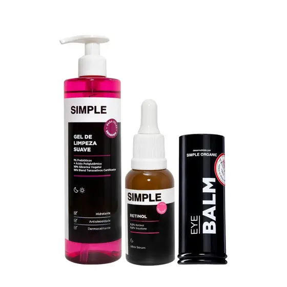 Kit Rotina Pele Madura Gel Limpeza Suave 350g + Ultra Sérum Retinol 30ml + Balm De Olhos Simple Organic