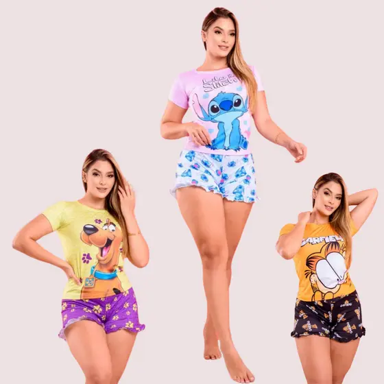 Pijama Feminino Stitch Verão – Conjunto Baby Doll Blusinha e Shorts