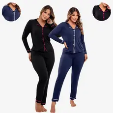 Pijama Longo Americano Inverno Blogueira Botão Gestante Amamentação Pós-Cirúrgico