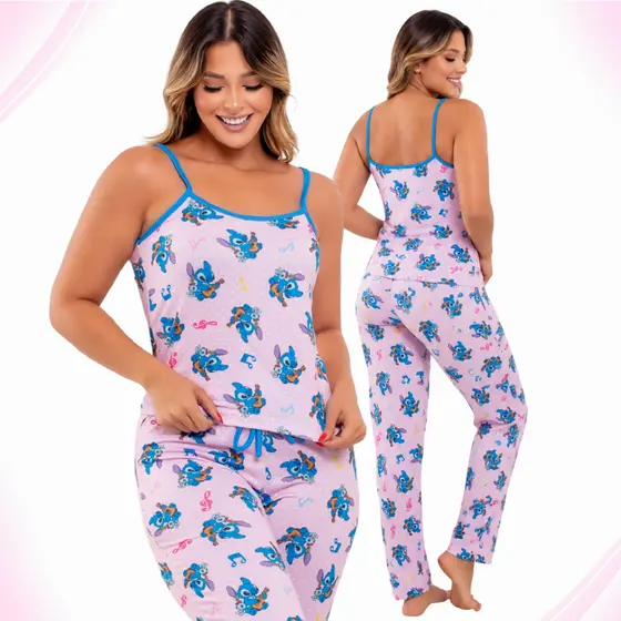 Pijama Feminino tradicional Alça e Calça  – Confortável e Estiloso para Dormir Stitch