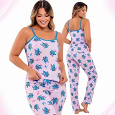 Pijama Feminino tradicional Alça e Calça  – Confortável e Estiloso para Dormir Stitch
