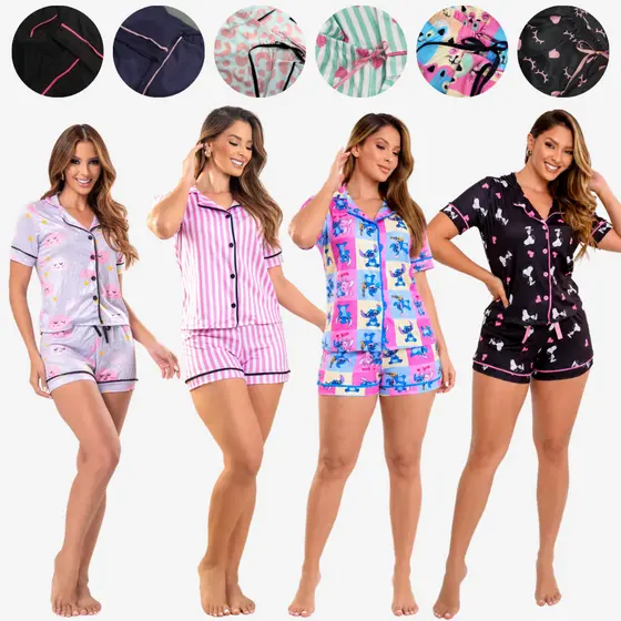 Pijama Americano Feminino Curto Botão Pós-Cirúrgico Amamentação Baby Doll de Verão Blogueirinha